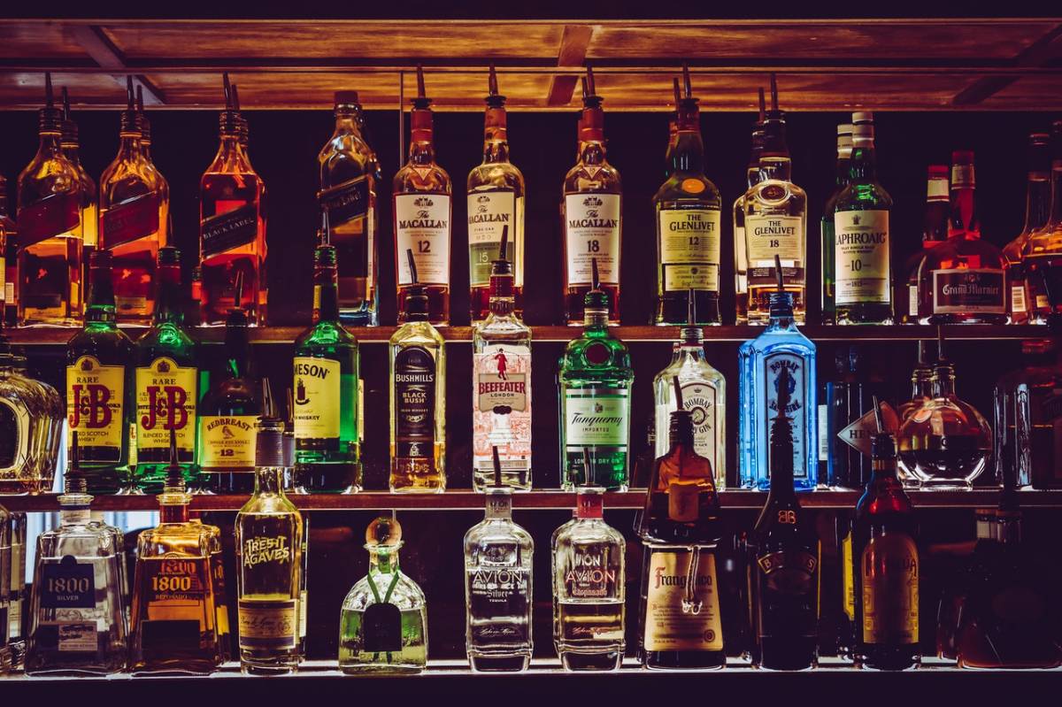drinks on a shelf.